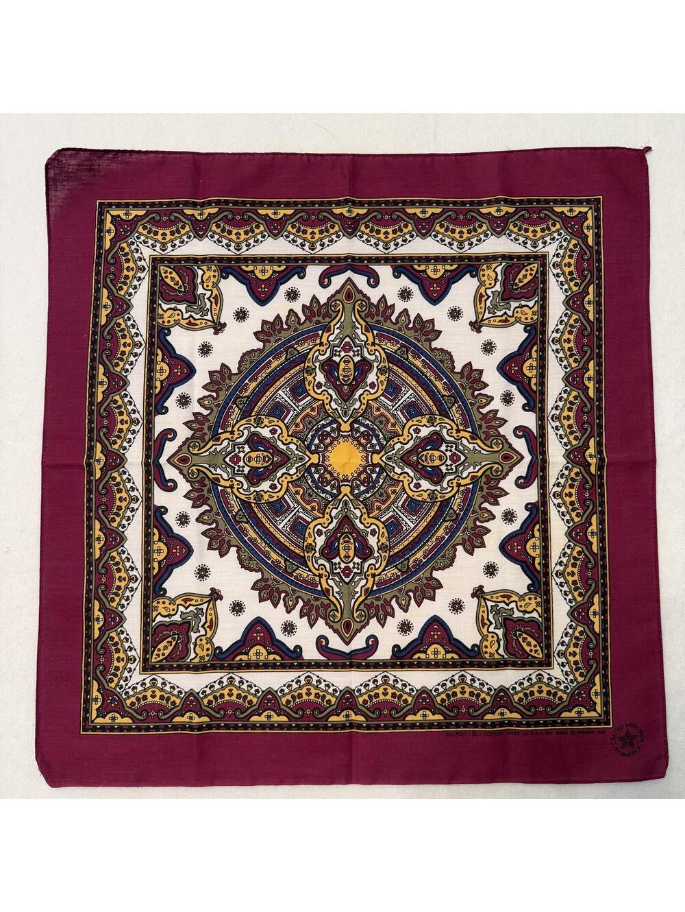 Vintage Springs Bandana Maroon Yellow Mandala Boho Handkerchief Beautiful 21x22
